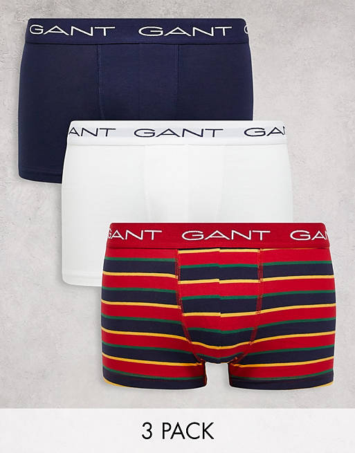 GANT – Vita, marinblå och rödrandiga trunks med logga på midjebandet, 3-pack