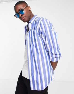 GANT wide stripe regular fit poplin shirt in blue - ASOS Price Checker