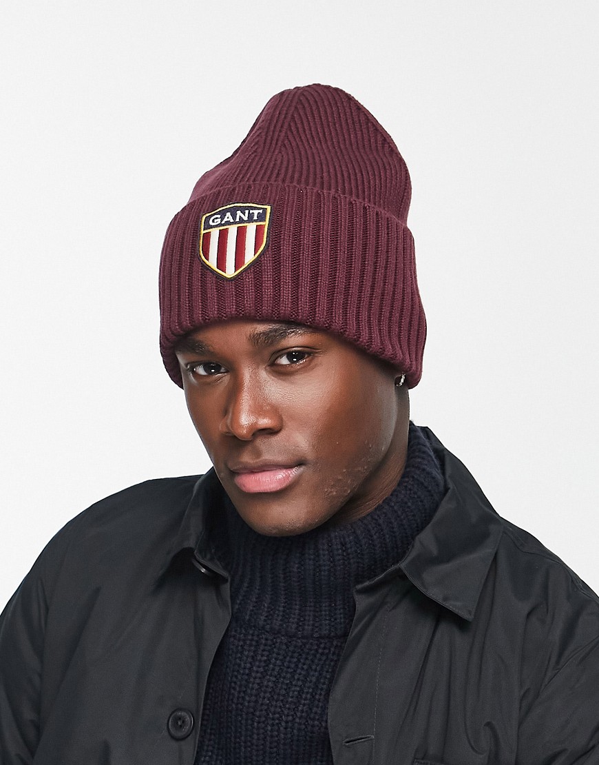 GANT wool beanie in burgundy red with large shield logo