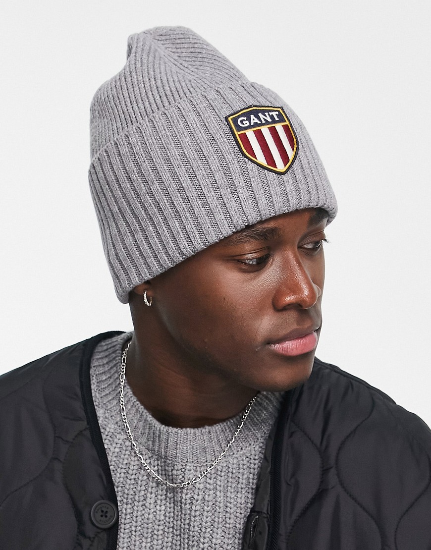 GANT wool beanie in gray with large shield logo