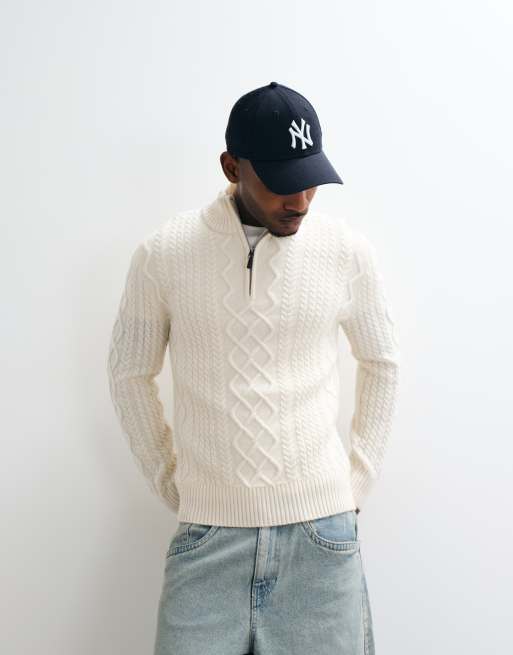 GANT wool blend cable knit half zip cardigan in cream, 3 of 5