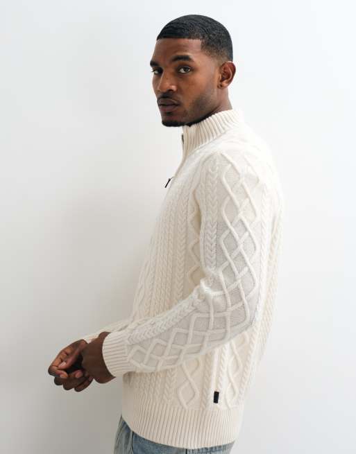 GANT wool blend cable knit half zip cardigan in cream, 4 of 5