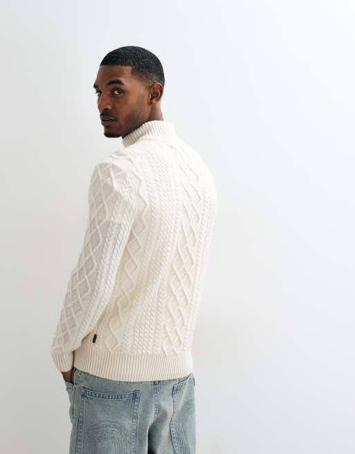 GANT wool blend cable knit half zip cardigan in cream, 5 of 5