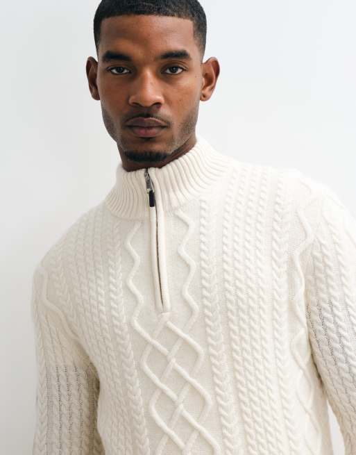 GANT wool blend cable knit quarter zip jumper in cream, 3 of 5