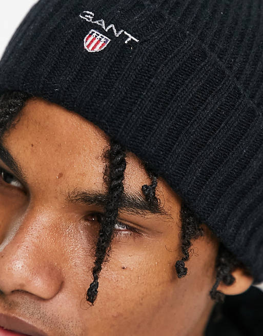 Gant wool lined beanie in black with logo | ASOS