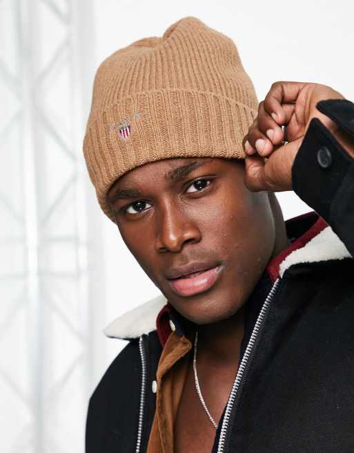 GANT wool lined beanie in tan with small heritage logo