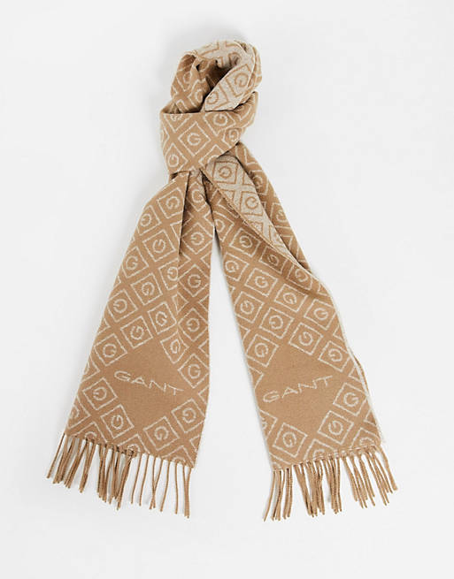 GANT wool scarf in tan with all over logo | ASOS