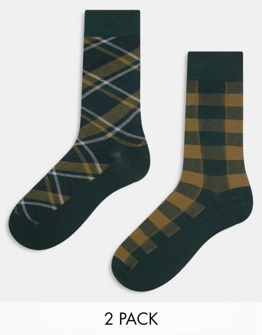 GANT – Zestaw 2 par skarpetek w zieloną kratkę tartan z logo z tarczą w opakowaniu prezentowym