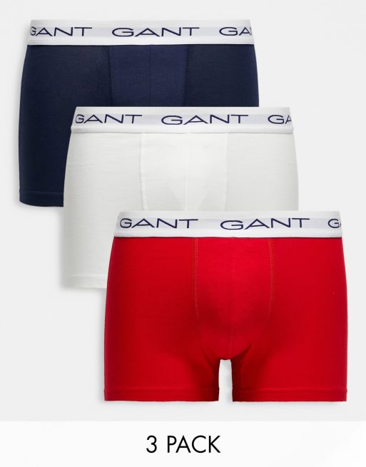 Gant – Zestaw 3 par bokserek w kolorach białym, czerwonym i granatowym z logo w talii