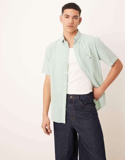 GANT sheild logo short sleeve seersucker stripe shirt in mid green