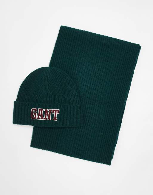 GANT – Zielony zestaw podarunkowy z dzianiny: czapka beanie z logo 1949 i szalik