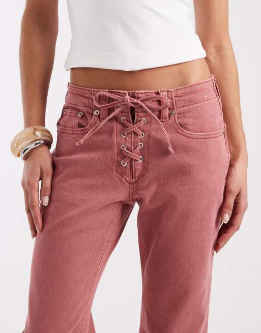 GAP 90's lace up straight leg jeans in washed apricot pink, 4 of 5