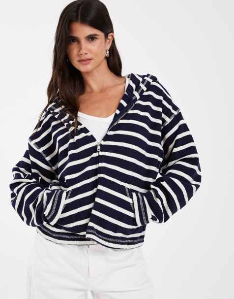 GAP beach terry striped overhead logo hoodie in navy - view 1