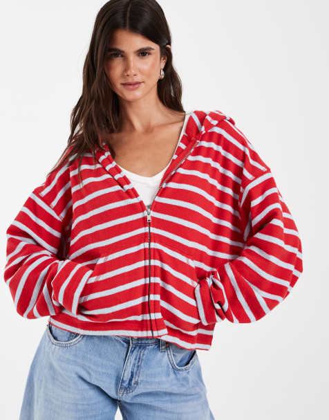 GAP beach terry striped overhead logo hoodie in red - view 1