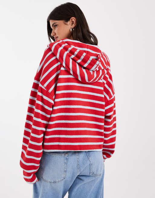 GAP beach terry striped overhead logo hoodie in red, 2 of 4