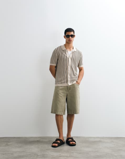 GAP boxy button through polo shirt in beige stripe - view 1