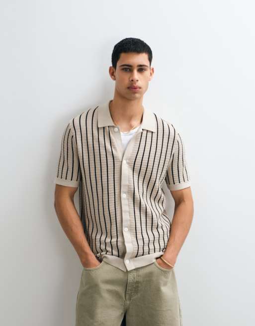 GAP boxy button through polo shirt in beige stripe, 2 of 5