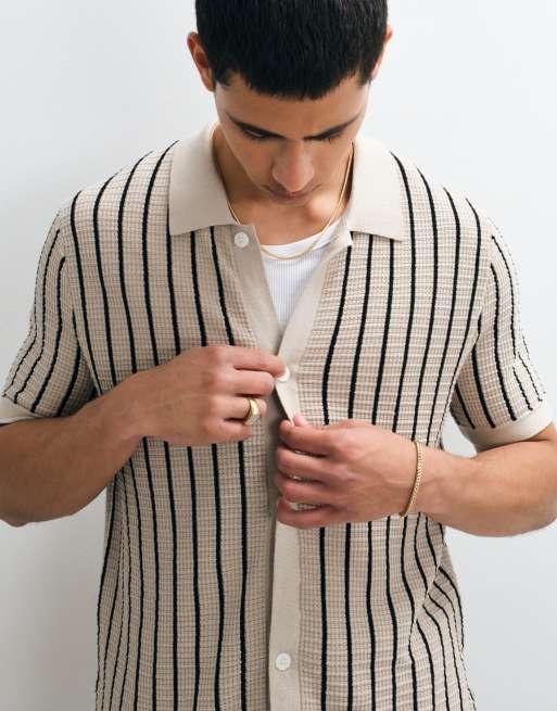 GAP boxy button through polo shirt in beige stripe, 3 of 5