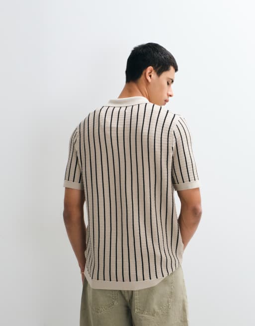 GAP boxy button through polo shirt in beige stripe, 4 of 5