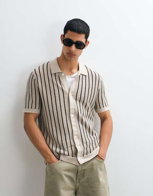 GAP boxy button through polo shirt in beige stripe, 5 of 5