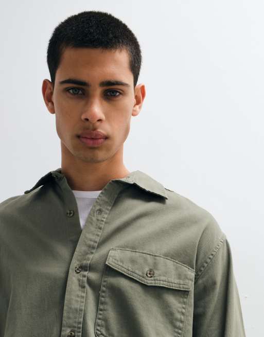 GAP boxy fit twill shirt in khaki green , 2 of 5