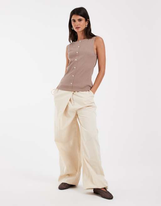 GAP button through boatneck tank top in chocolate brown, 3 of 4
