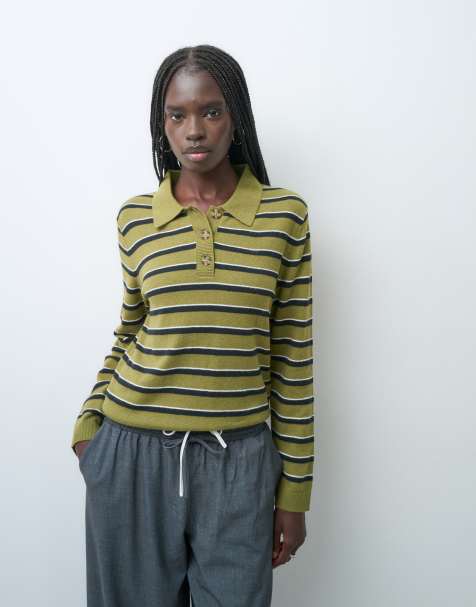 GAP Cashsoft knitted striped polo top in green - view 1