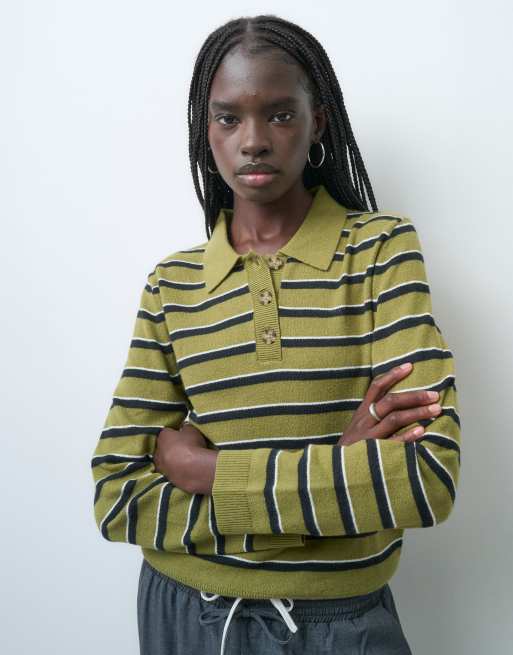 GAP Cashsoft knitted striped polo top in green, 3 of 4