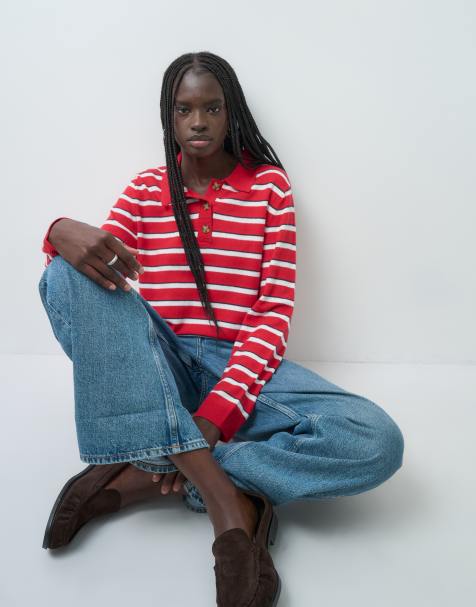 GAP Cashsoft knitted striped polo top in red - view 1