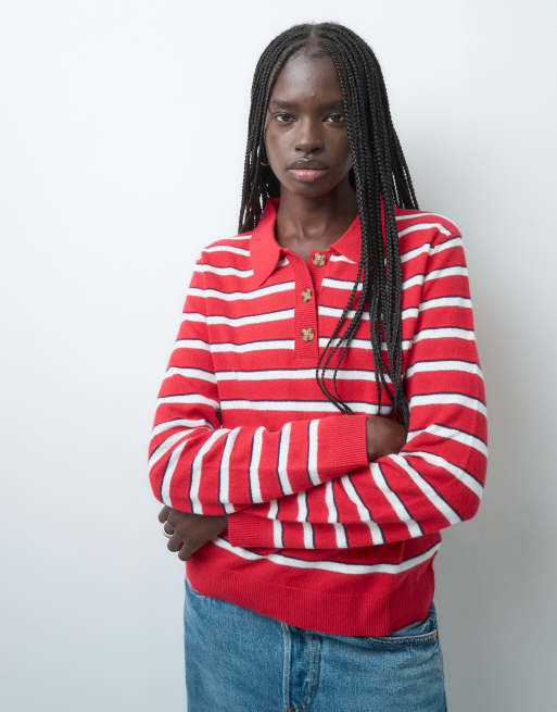 GAP Cashsoft knitted striped polo top in red, 3 of 4