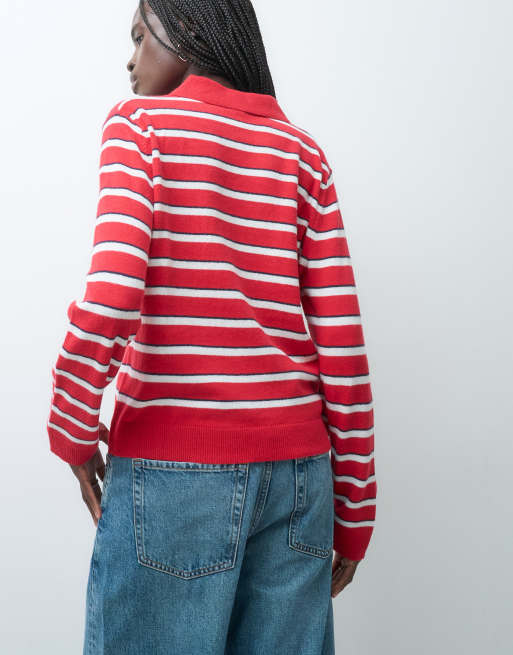 GAP Cashsoft knitted striped polo top in red, 4 of 4