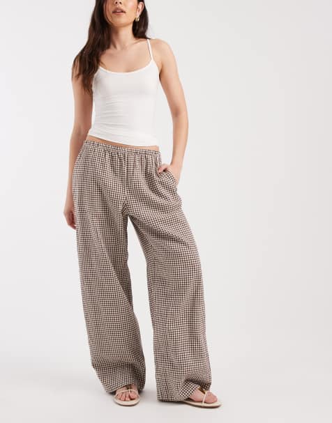 GAP checked pull on linen mix trouser in brown - view 1