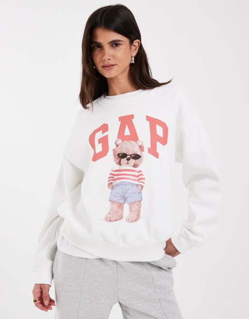 GAP chest logo bear print crew neck sweatshirt in white, 3 of 4