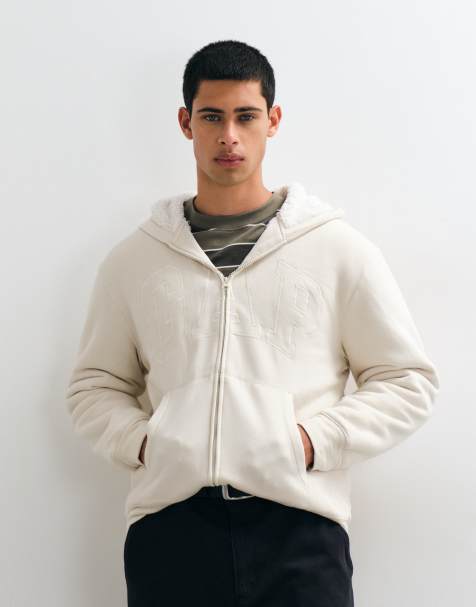 GAP chest logo sherpa lined zip through hoodie in beige - view 1