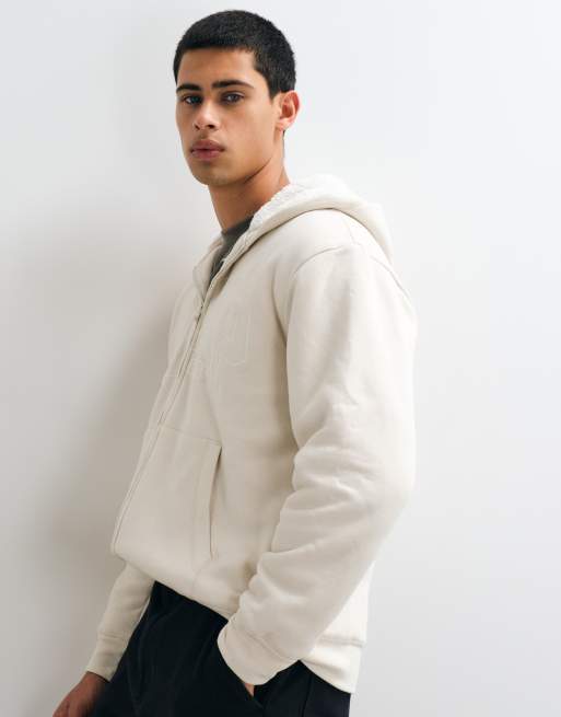 GAP chest logo sherpa lined zip through hoodie in beige, 3 of 5