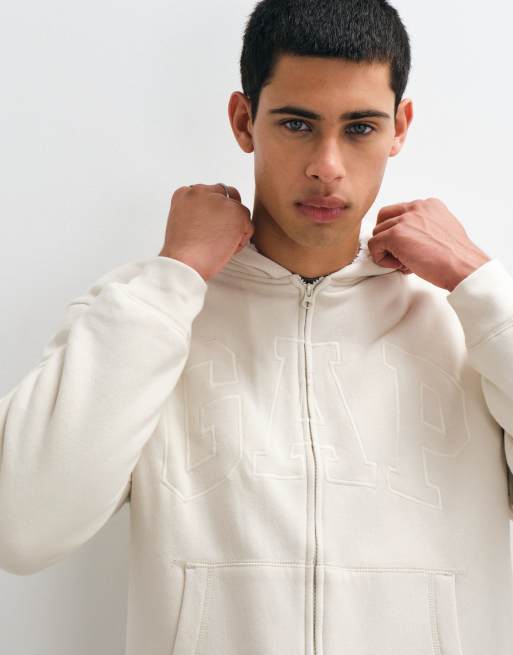 GAP chest logo sherpa lined zip through hoodie in beige, 4 of 5