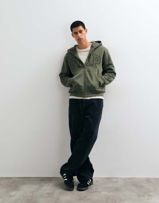 GAP chest logo sherpa lined zip through hoodie in khaki green, 2 of 5