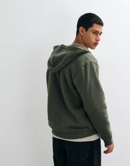 GAP chest logo sherpa lined zip through hoodie in khaki green, 3 of 5
