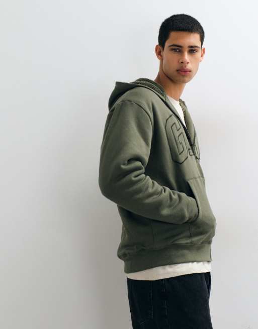 GAP chest logo sherpa lined zip through hoodie in khaki green, 4 of 5