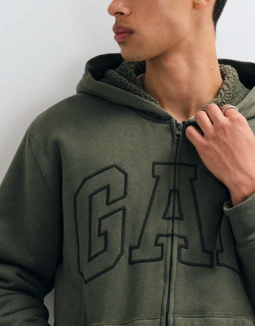 GAP chest logo sherpa lined zip through hoodie in khaki green, 5 of 5