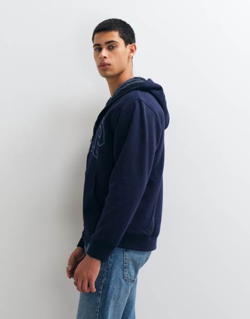 GAP chest logo sherpa lined zip through hoodie in navy, 2 of 5