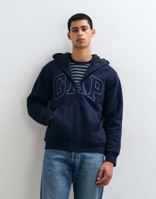 GAP chest logo sherpa lined zip through hoodie in navy, 3 of 5