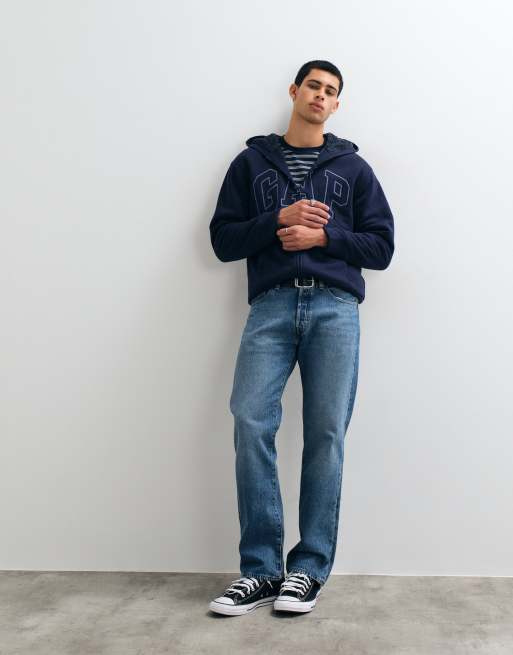 GAP chest logo sherpa lined zip through hoodie in navy, 4 of 5