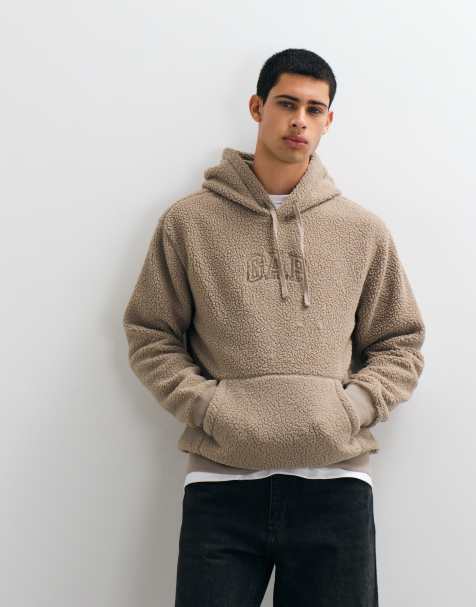 GAP chest logo teddy borg hoodie in stone beige - view 1