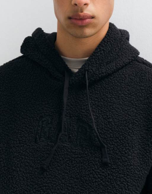 GAP chest logo teddy borg hoodie in stone black, 4 of 5