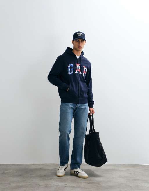 GAP chest logo zip up hoodie with bandana print in navy, 2 of 5