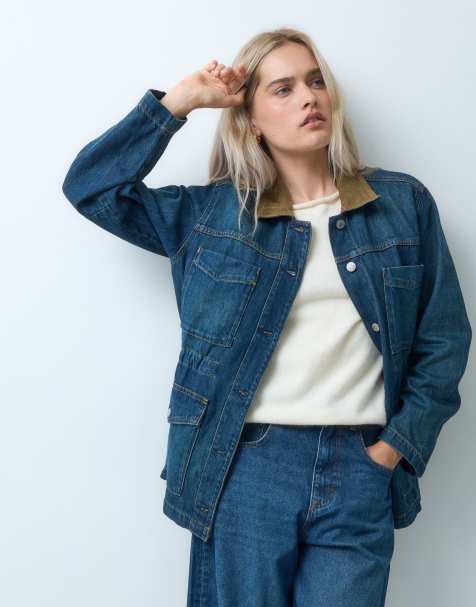GAP cinched waist denim jacket with contrast collar in dark blue wash - view 1