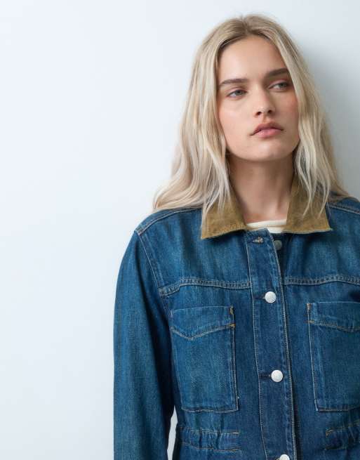 GAP cinched waist denim jacket with contrast collar in dark blue wash, 3 of 4