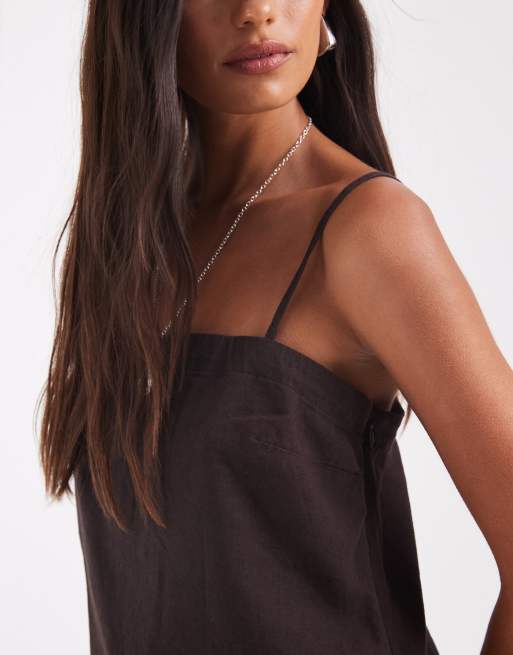 GAP co-ord long hem cami linen mix top in chocolate brown, 3 of 4