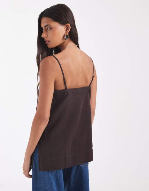 GAP co-ord long hem cami linen mix top in chocolate brown, 4 of 4